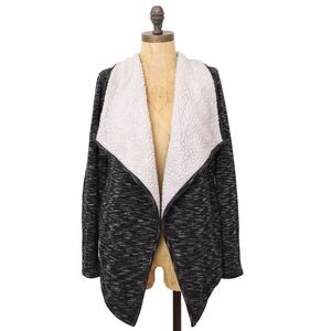 GREEN TEA Heather Sherpa Wrap Cardigan S Black Heather Long Sleeve Sweater B69